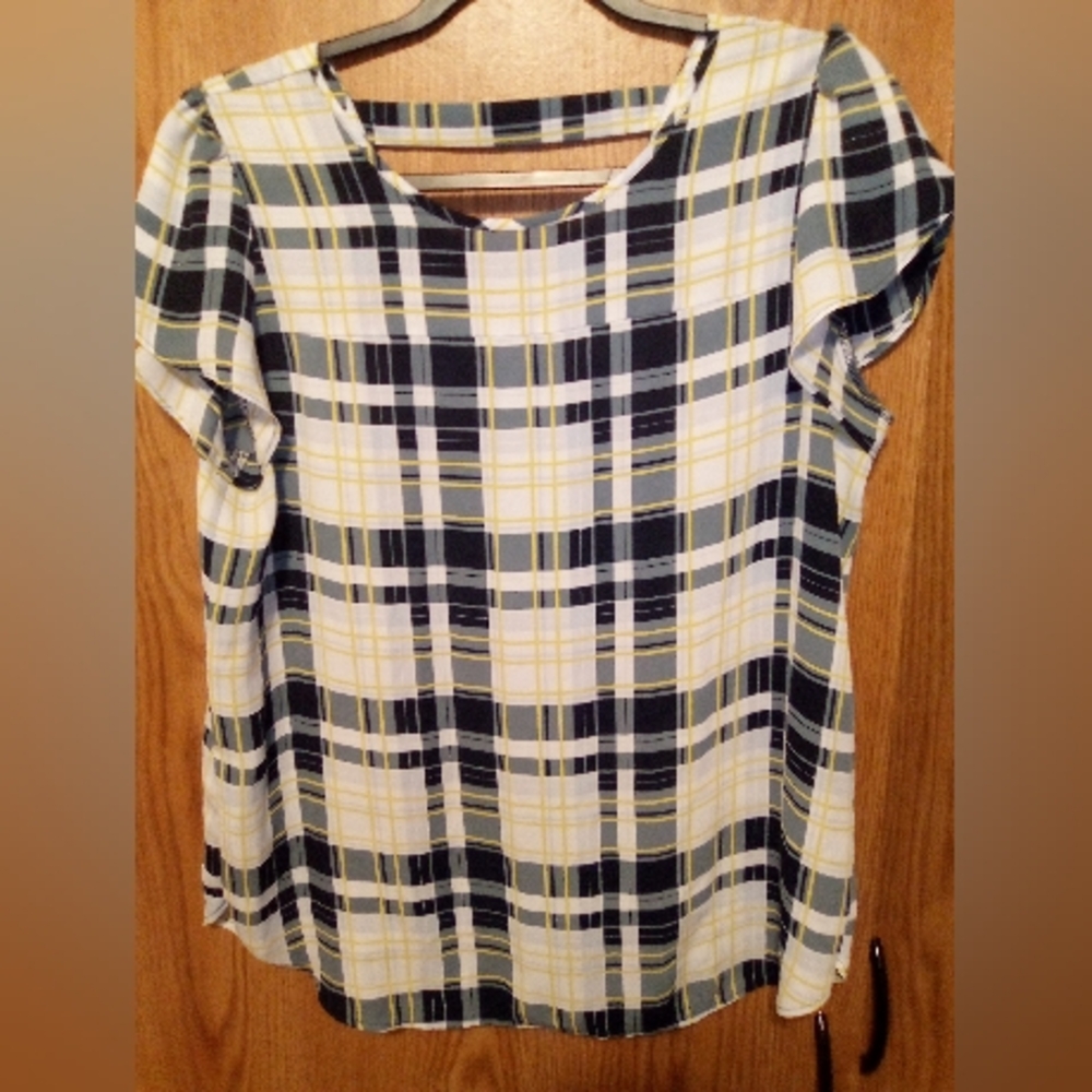 LOFT Plaid Short-Sleeve Blouse in Navy, White & Yellow